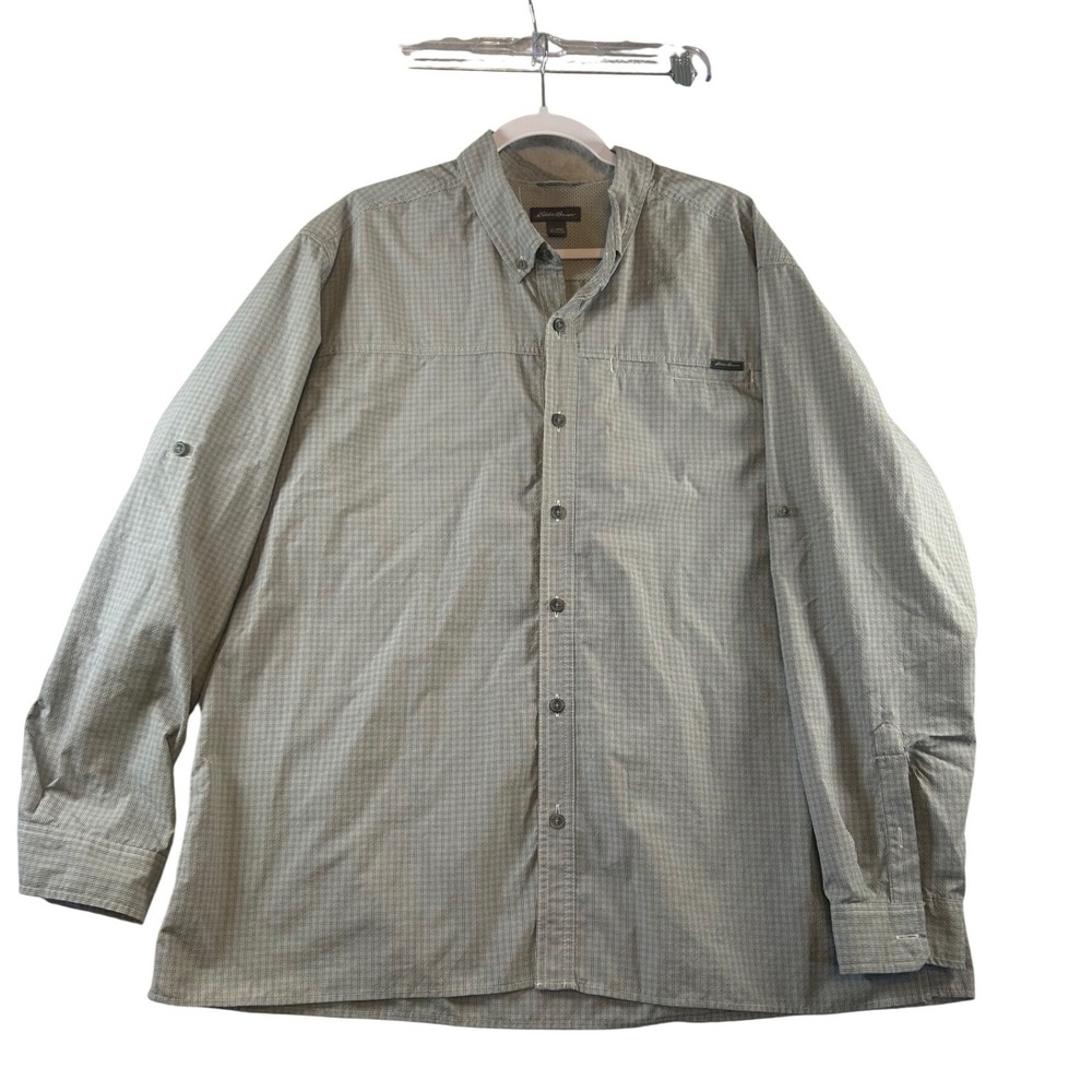 Eddie Bauer Mens 2XL Grey Micro Check Roll Tab Sleeve Hiking Button Down Shirt